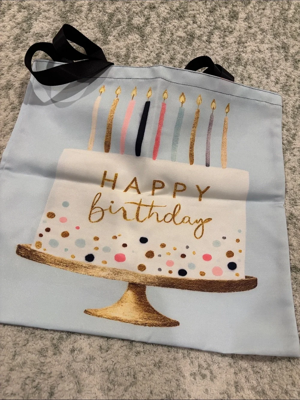 Happy Birthday Cake Light Blue Poly Canvas Tote Bag NWT 15.75x15”